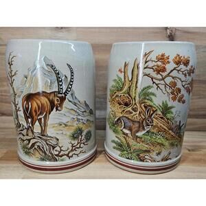 Pair of Vintage Gerzit German Beer Steins .5L Relief Ibex & Hare 1970s Wildlife